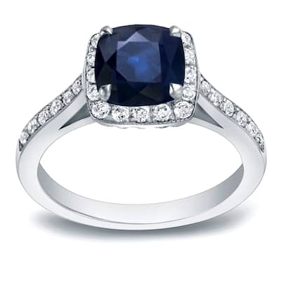 Auriya 1 3/5ct Cushion Cut Blue Sapphire and 2/5ctw Halo Diamond Engagement Ring 14K Gold