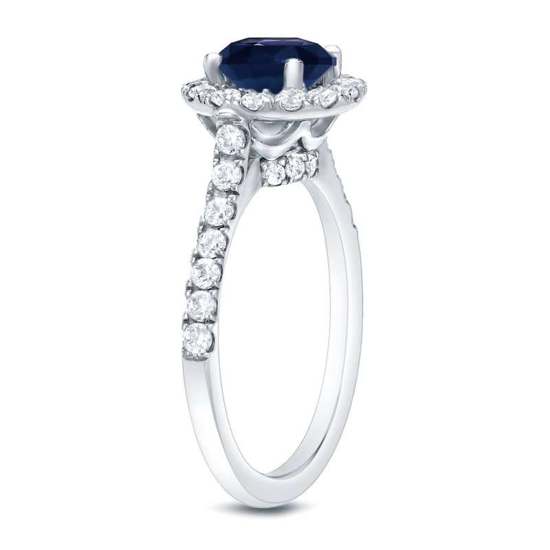 Auriya 14k Gold Round 1ct Blue Sapphire and 1/2ct Halo Diamond Engagement Ring