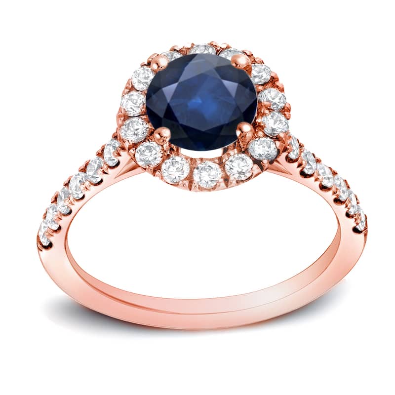 Auriya 14k Gold Round 1ct Blue Sapphire and 1/2ct Halo Diamond Engagement Ring - Rose - 4