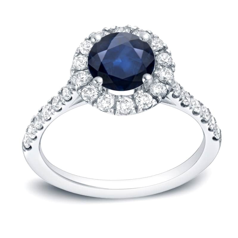 Auriya 14k Gold Round 1ct Blue Sapphire and 1/2ct Halo Diamond Engagement Ring - White - 4