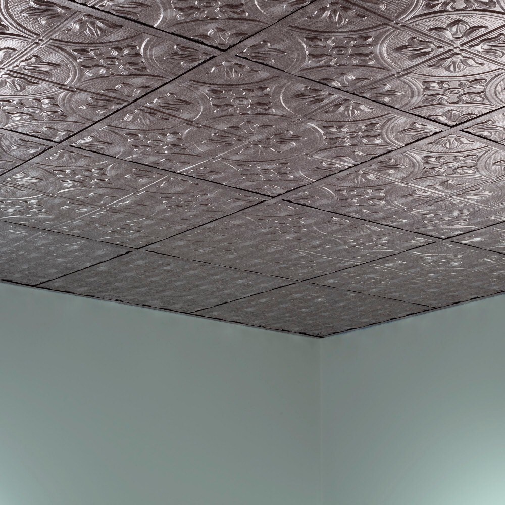 Fasade Traditional Style 2 Crosshatch Silver 2 Foot Square Lay In Ceiling Tile