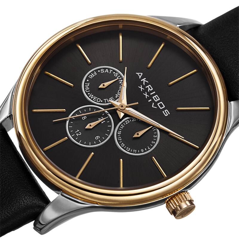 Akribos XXIV Men's Quartz Multifunction Leather Gold-Tone Strap Watch - Gold