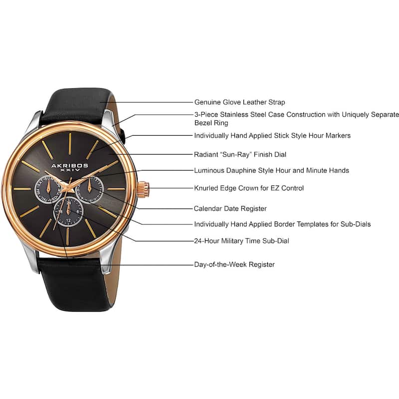 Akribos XXIV Men's Quartz Multifunction Leather Gold-Tone Strap Watch - Gold