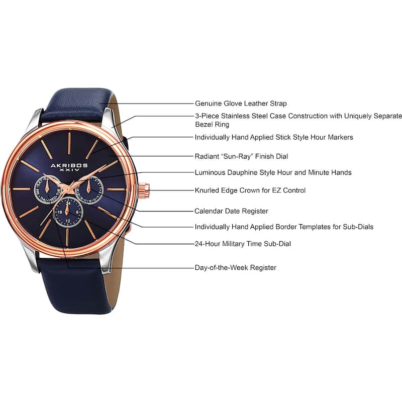 Akribos XXIV Men's Quartz Multifunction Leather Blue Strap Watch