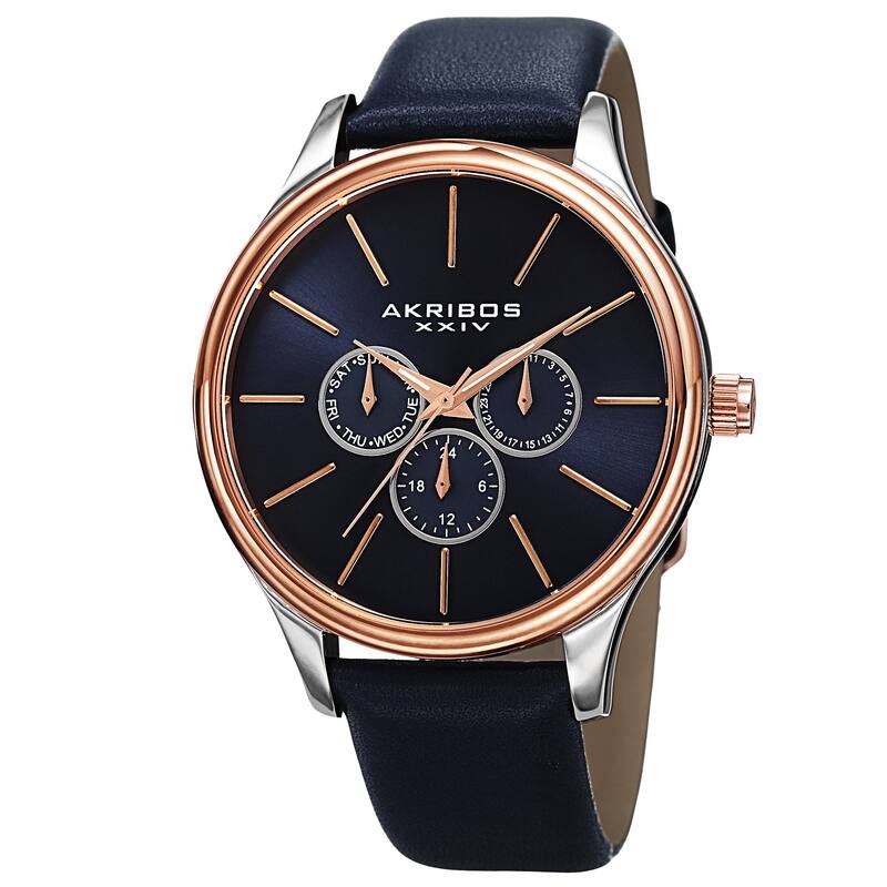Akribos XXIV Men's Quartz Multifunction Leather Blue Strap Watch