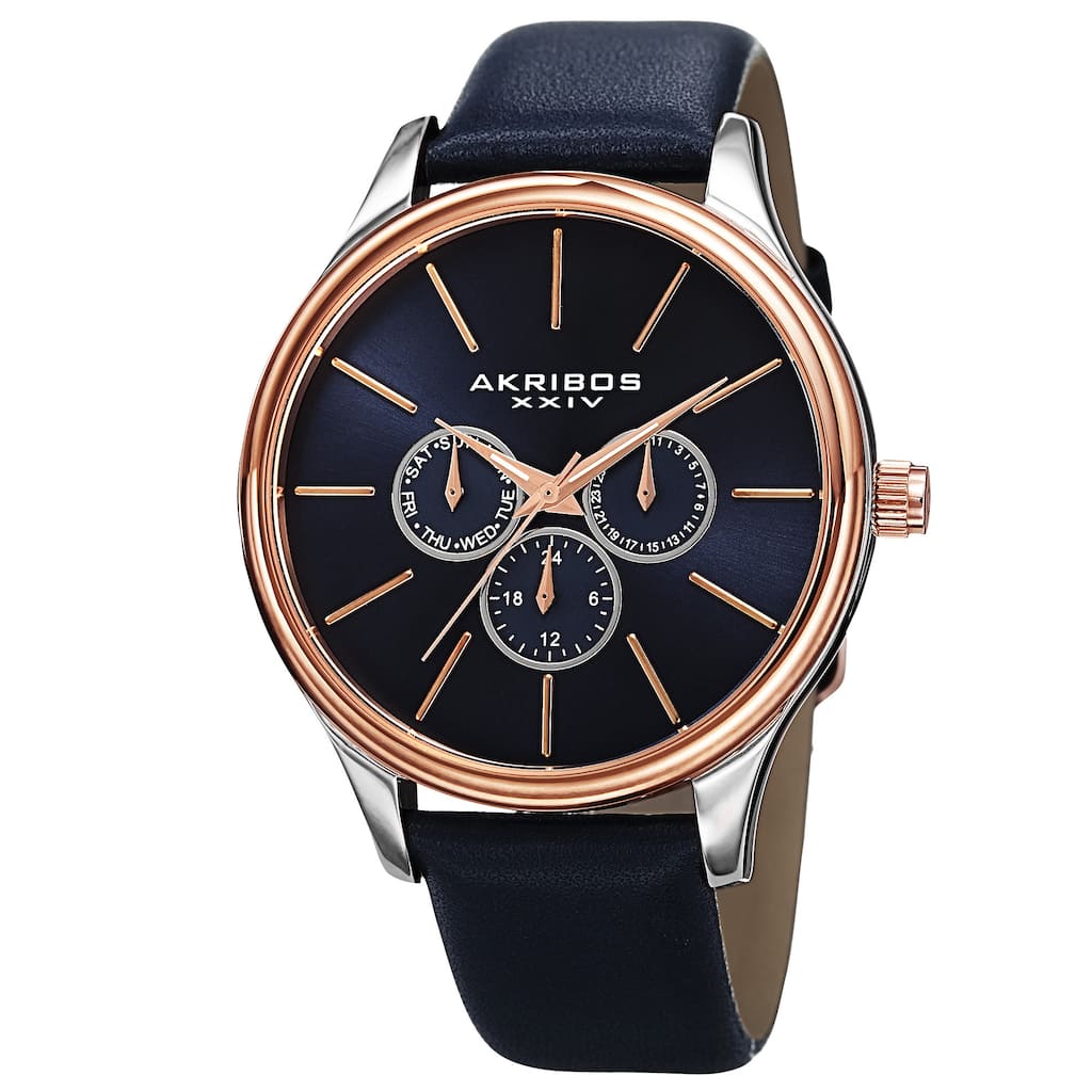 Akribos XXIV Men's Quartz Multifunction Leather Blue Strap Watch