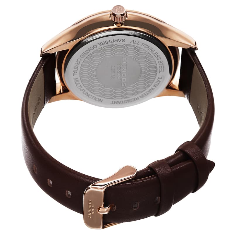Akribos XXIV Men's Quartz Multifunction Leather Rose-Tone Strap Watch - Gold