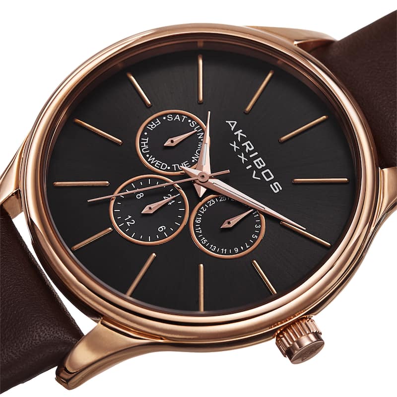 Akribos XXIV Men's Quartz Multifunction Leather Rose-Tone Strap Watch - Gold