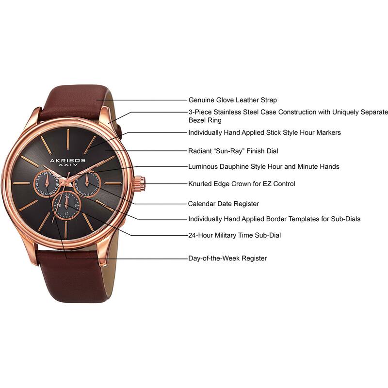 Akribos XXIV Men's Quartz Multifunction Leather Rose-Tone Strap Watch - Gold