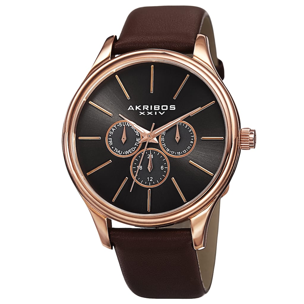 Akribos XXIV Men's Quartz Multifunction Leather Rose-Tone Strap Watch - Gold
