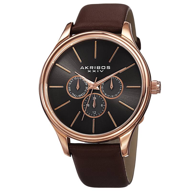 Akribos XXIV Men's Quartz Multifunction Leather Rose-Tone Strap Watch - Gold