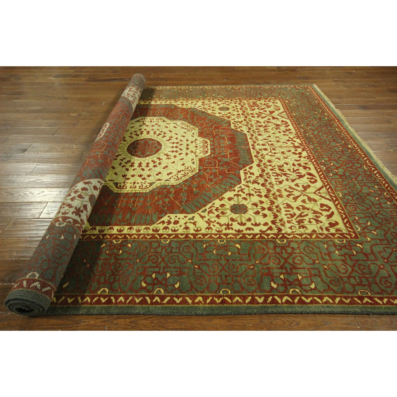 Ivory Viridian Blue Border Oriental Mamluk Hand Knotted Wool Oriental Mamluk Hand Knotted Wool