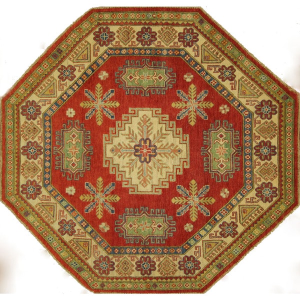Geometric Handknotted Wool Octagon Super Kazak RedIvory Area Rug (7