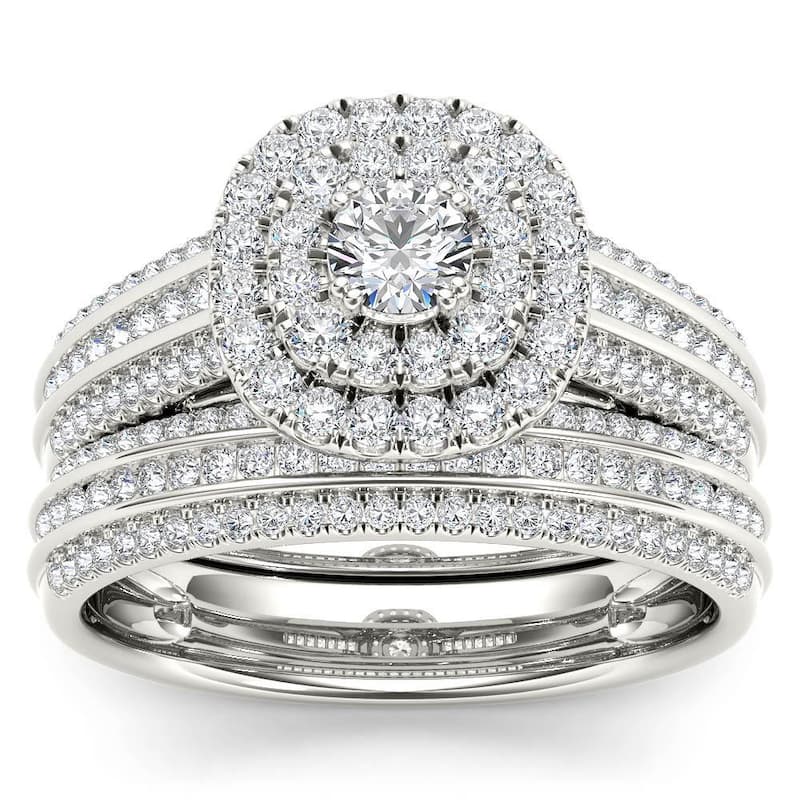 De Couer 10k White Gold 1ct TDW Double Halo Diamond Bridal Set - White H-I - 6 - White