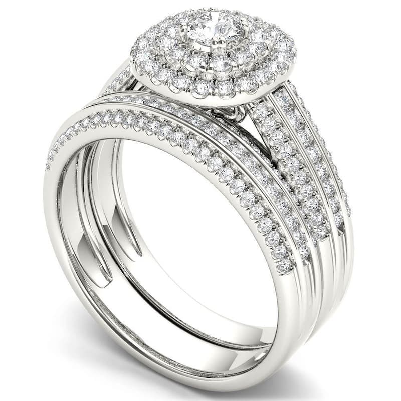 De Couer 10k White Gold 1ct TDW Double Halo Diamond Bridal Set - White H-I