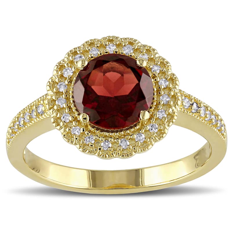 Miadora Yellow Plated Sterling Silver Garnet and 1/8ct TDW Diamond Halo Ring (G-H, I2-I3) - Red - 10
