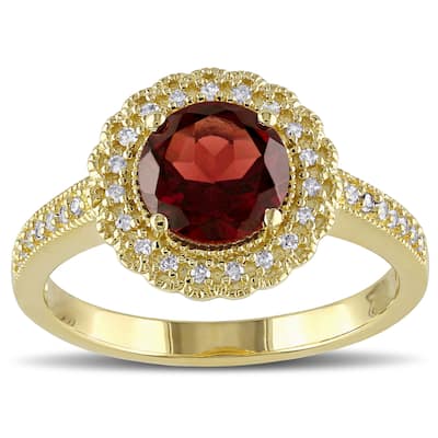Miadora Yellow Plated Sterling Silver Garnet and 1/8ct TDW Diamond Halo Ring (G-H, I2-I3) - Red