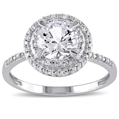 Miadora 10k White Gold Created White Sapphire and 1/10ct TDW Diamond Double Halo Ring