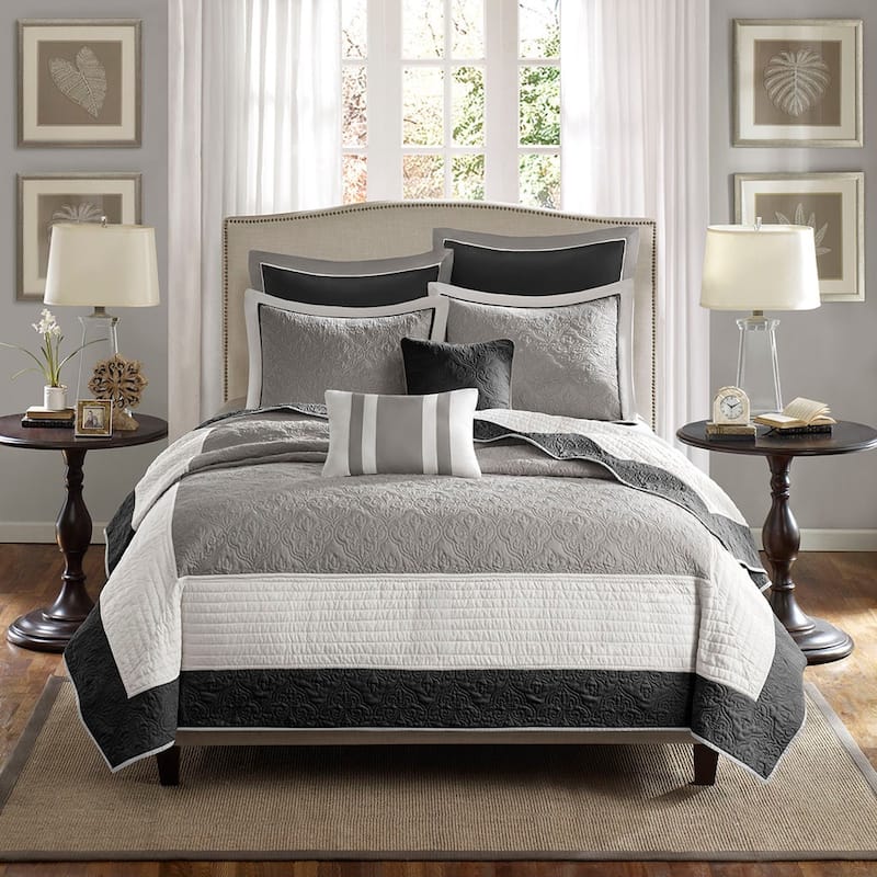 Madison Park Liverpool 7 Piece Quilt Set with Euro Shams and Throw Pillows