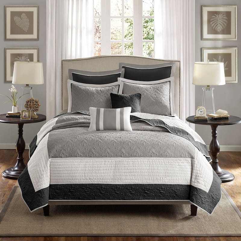 Madison Park Liverpool 7 Piece Quilt Set with Euro Shams and Throw Pillows