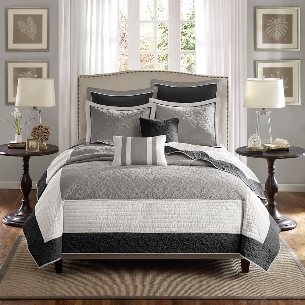 Madison Park Liverpool 7 Piece Quilt Set with Euro Shams and Throw Pillows