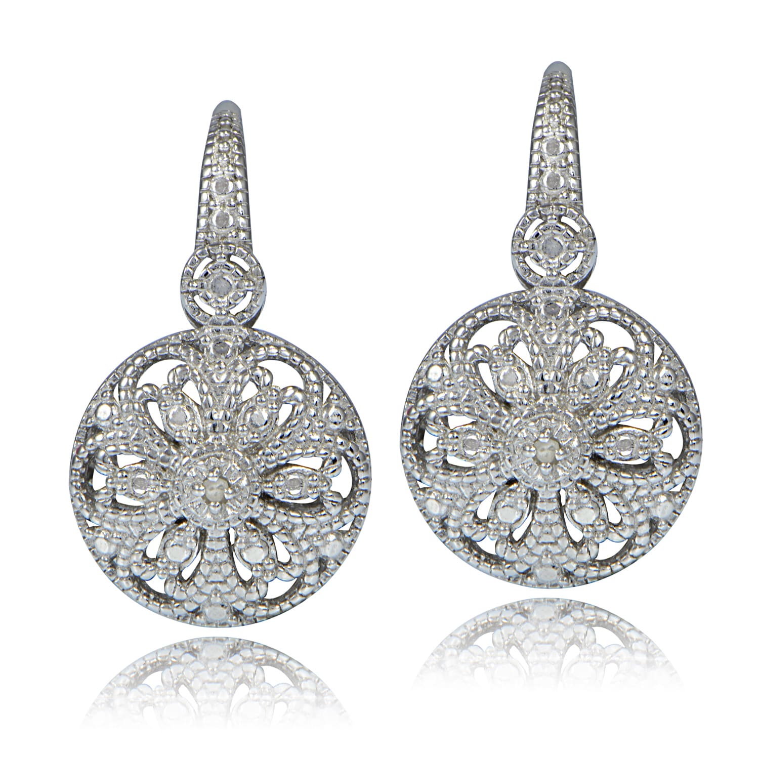 DB Designs Sterling Silver Diamond Accent Filigree Round Leverback Earrings