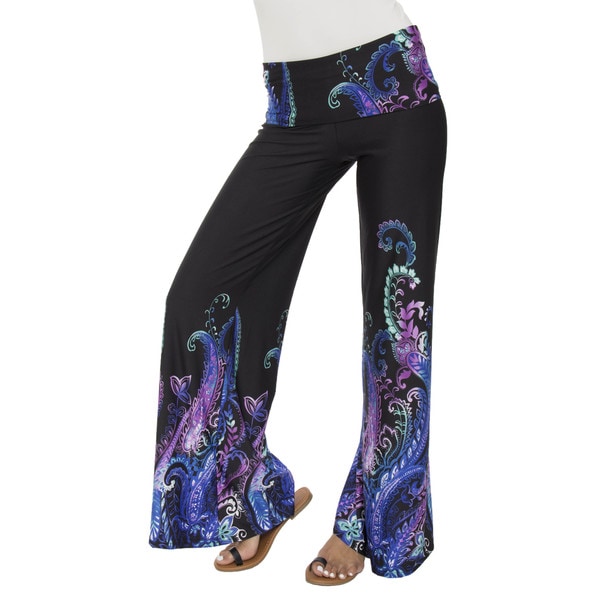 White Mark Women's Black/ Purple Relaxed Palazzo Pants
