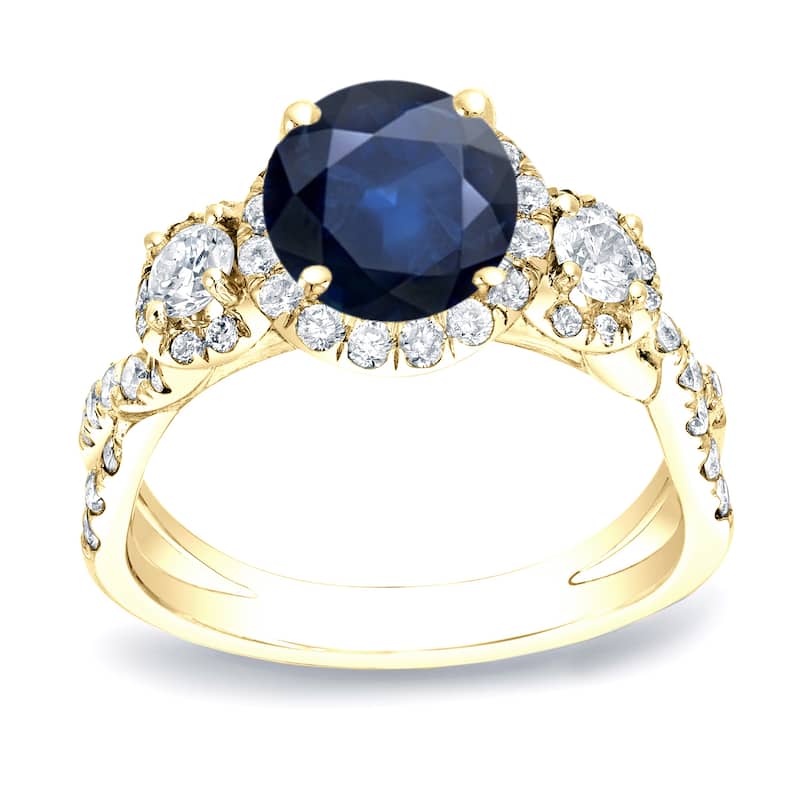 Auriya Modern Twisted Split-Shank 1ct Sapphire and 1ct TDW 3-Stone Diamond Halo Engagement Ring 14K Gold (H-I, SI1-SI2)