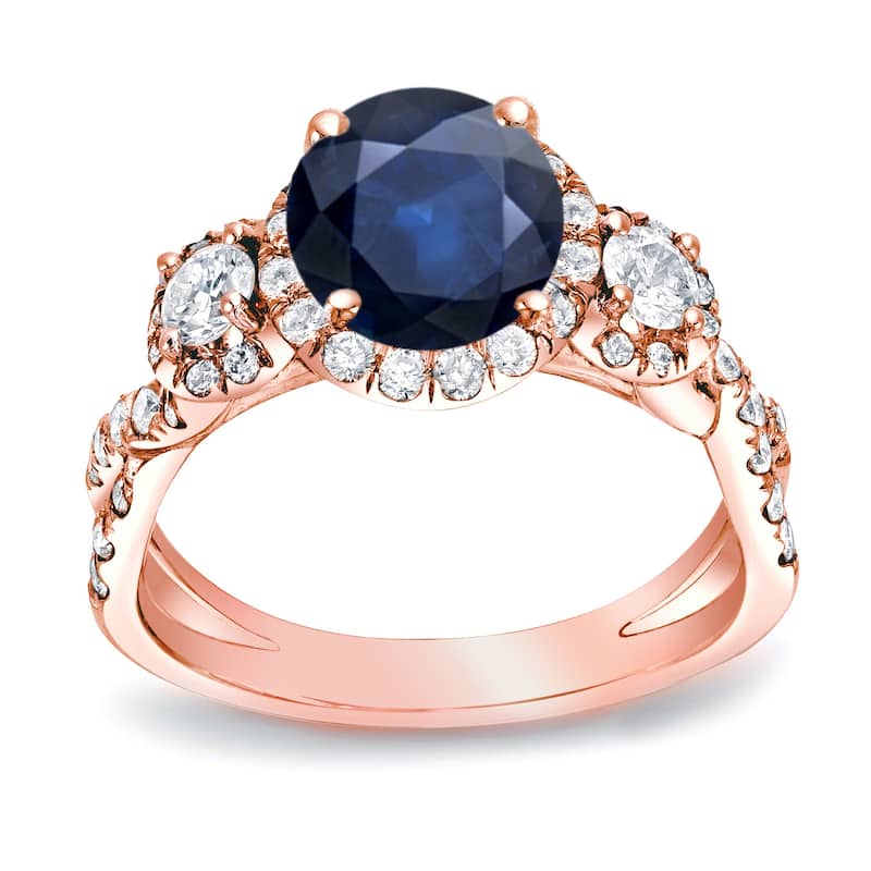 Auriya Modern Twisted Split-Shank 1ct Sapphire and 1ct TDW 3-Stone Diamond Halo Engagement Ring 14K Gold (H-I, SI1-SI2)