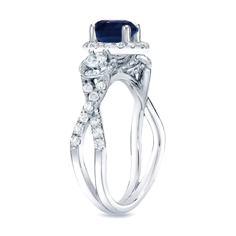 Auriya Modern Twisted Split-Shank 1ct Sapphire and 1ct TDW 3-Stone Diamond Halo Engagement Ring 14K Gold (H-I, SI1-SI2)