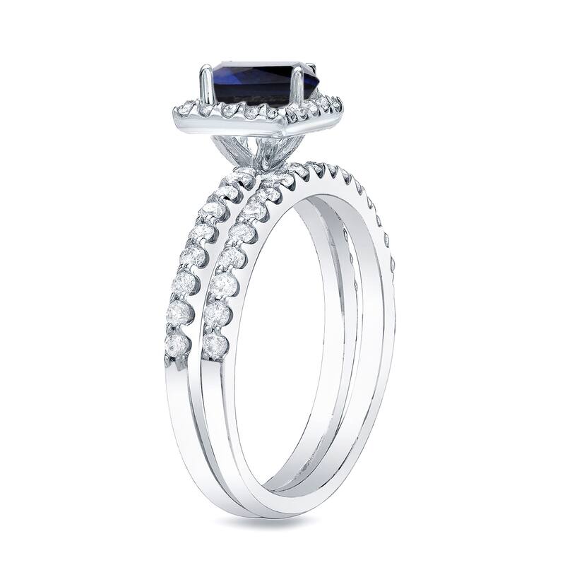 Auriya 14k Gold 1/2ct Princess-cut Sapphire and Diamond Halo Engagement Ring Set 3/4ctw