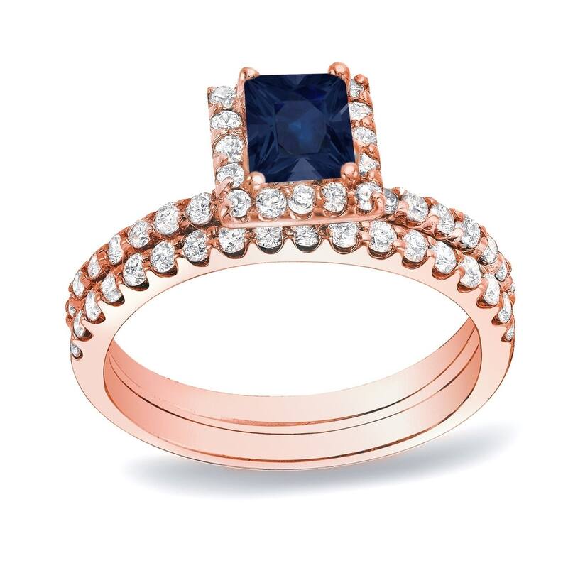 Auriya 14k Gold 1/2ct Princess-cut Sapphire and Diamond Halo Engagement Ring Set 3/4ctw - Rose - 4