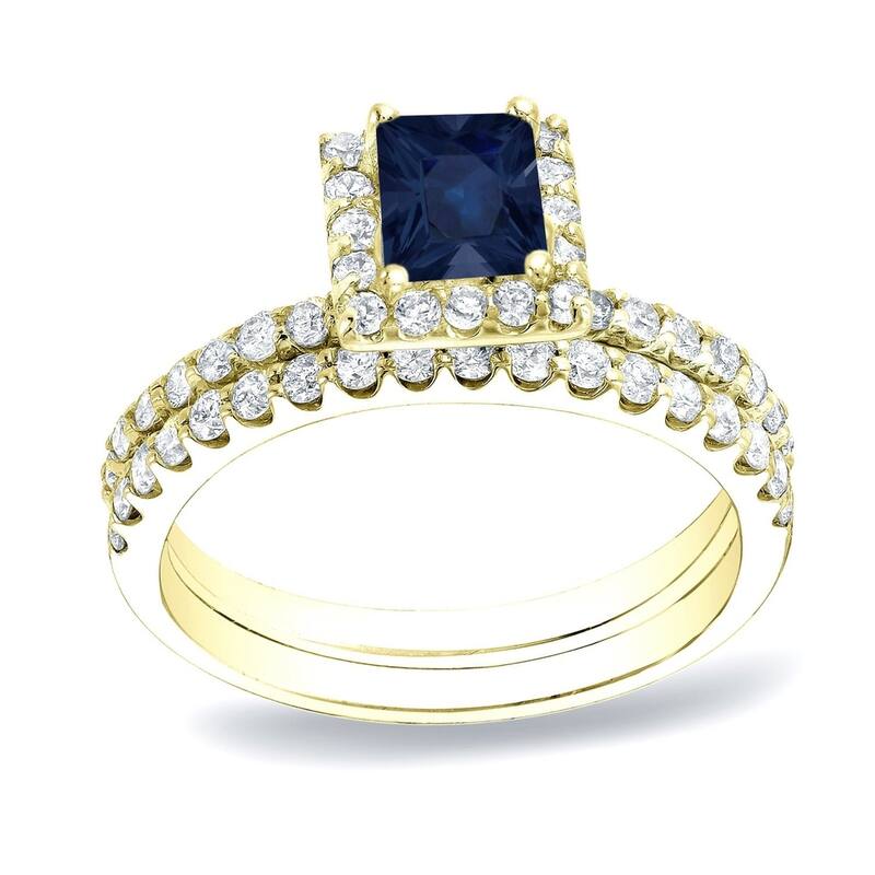 Auriya 14k Gold 1/2ct Princess-cut Sapphire and Diamond Halo Engagement Ring Set 3/4ctw - Yellow - 4