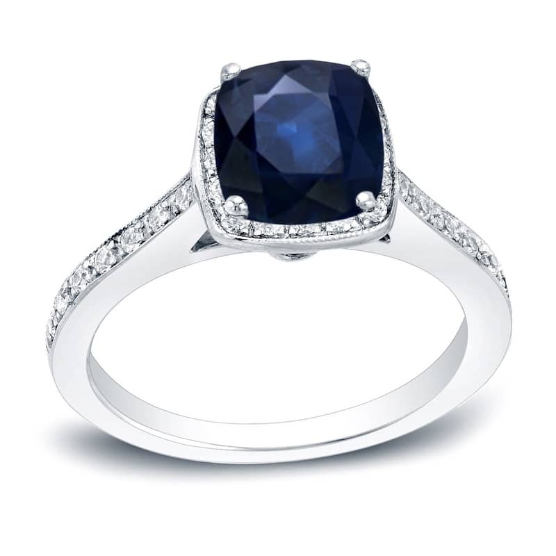 Auriya 14k Gold 1 1/2ct Cushion-cut Sapphire and Diamond Halo Engagement Ring 1/2ctw (H-I, SI1-SI2) - White - 4