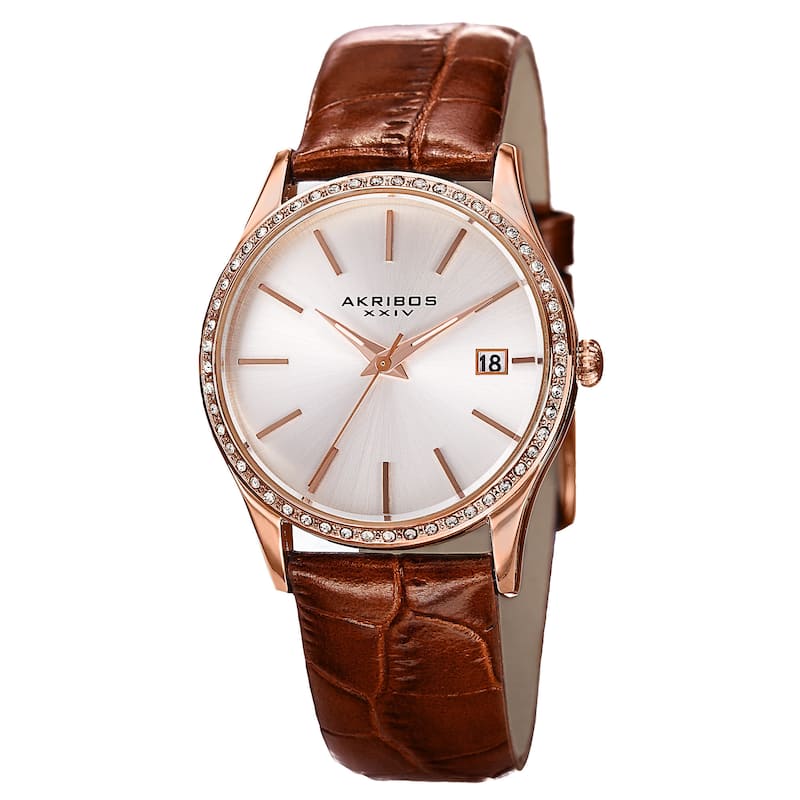 Akribos XXIV Women's Quartz Swarovski Crystal Leather Brown Bracelet Watch