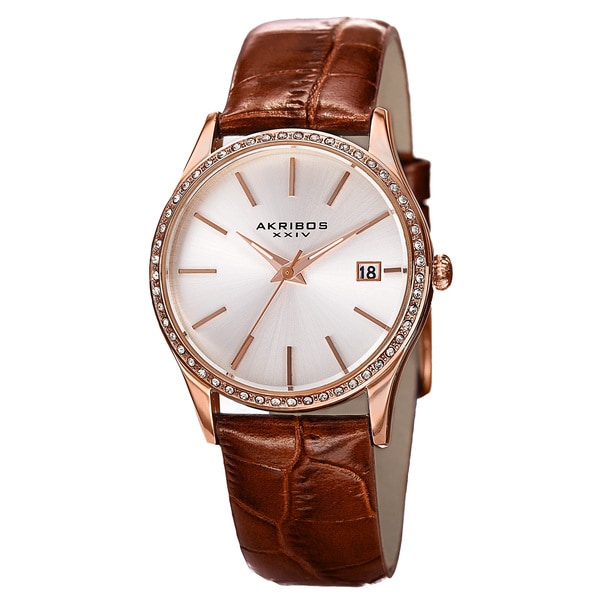 Akribos XXIV Women's Quartz Swarovski Crystal Leather Brown Bracelet Watch