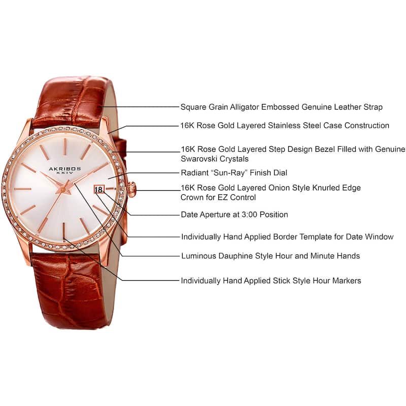 Akribos XXIV Women's Quartz Swarovski Crystal Leather Brown Bracelet Watch