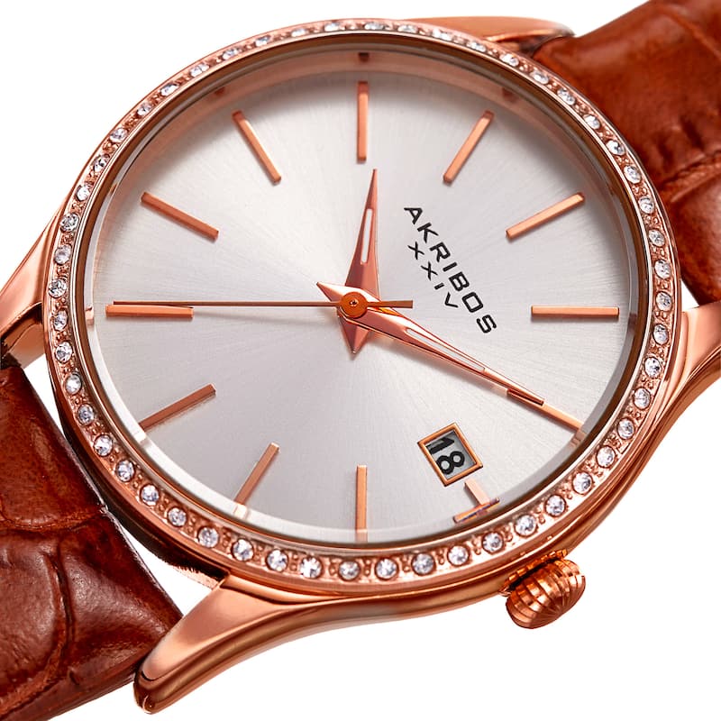 Akribos XXIV Women's Quartz Swarovski Crystal Leather Brown Bracelet Watch