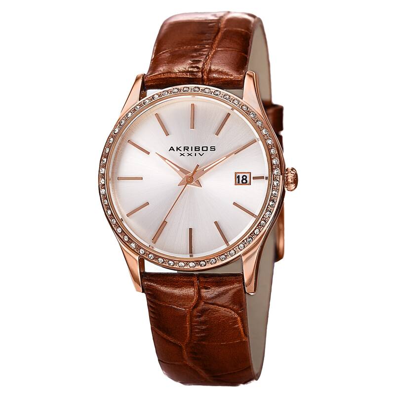 Akribos XXIV Women's Quartz Swarovski Crystal Leather Brown Bracelet Watch
