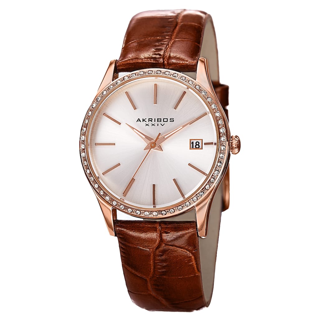 Akribos XXIV Women's Quartz Swarovski Crystal Leather Brown Bracelet Watch
