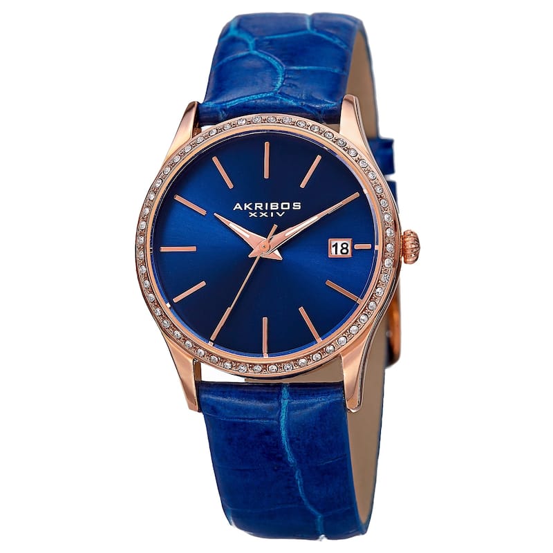 Akribos XXIV Women's Minimalist Dial Crystal Accent Leather Strap Watch