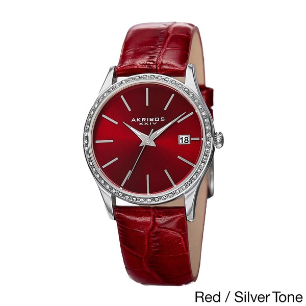 Akribos XXIV Women's Minimalist Dial Crystal Accent Leather Strap Watch with FREE Bangle