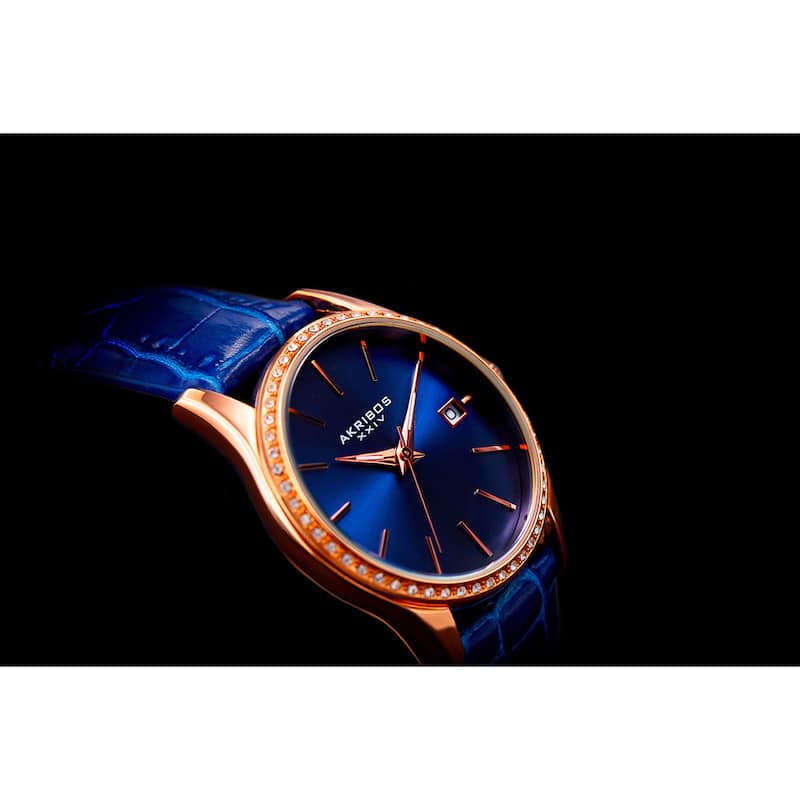 Akribos XXIV Women's Minimalist Dial Crystal Accent Leather Strap Watch
