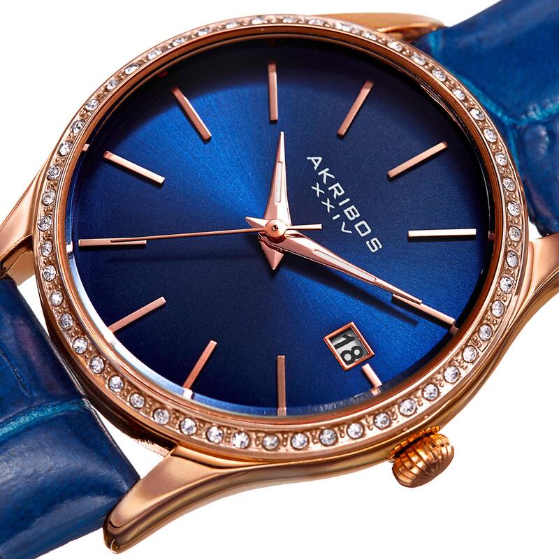 Akribos XXIV Women's Minimalist Dial Crystal Accent Leather Strap Watch