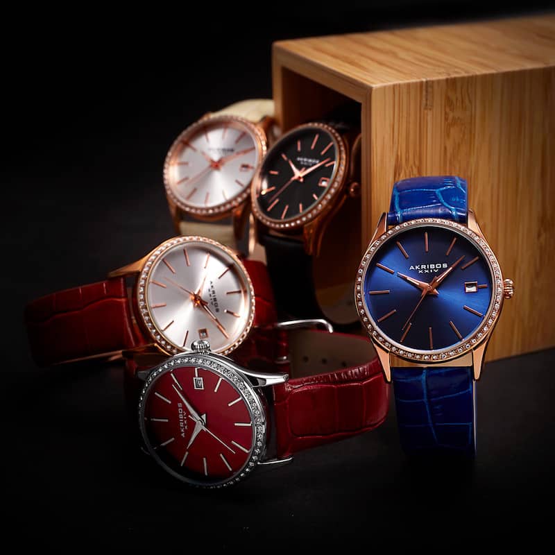 Akribos XXIV Women's Minimalist Dial Crystal Accent Leather Strap Watch