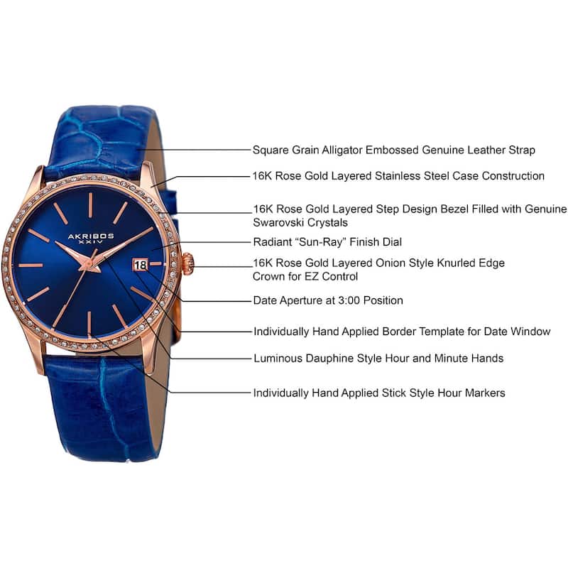 Akribos XXIV Women's Minimalist Dial Crystal Accent Leather Strap Watch