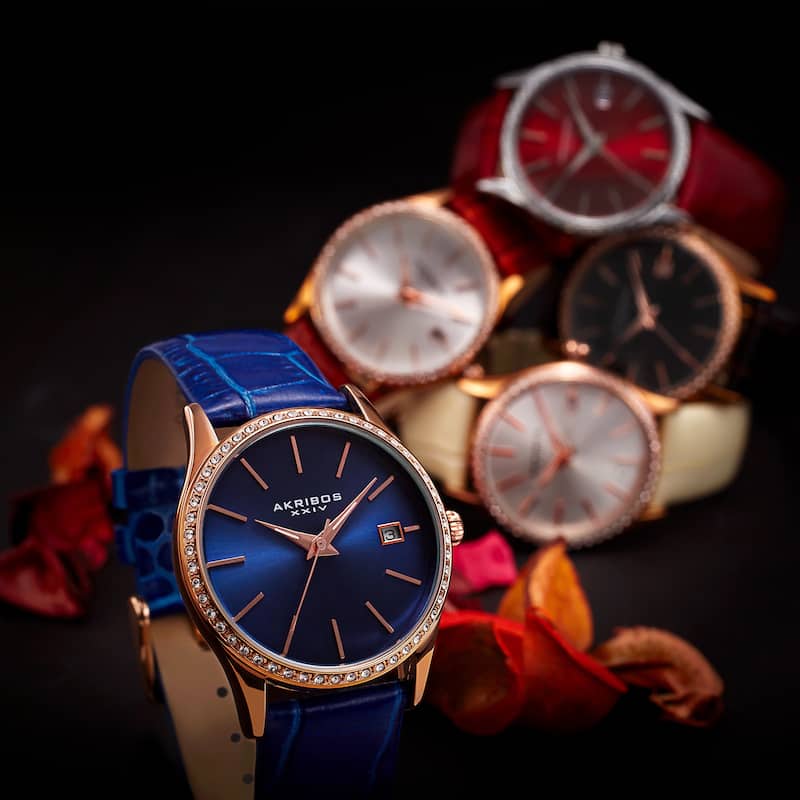 Akribos XXIV Women's Minimalist Dial Crystal Accent Leather Strap Watch