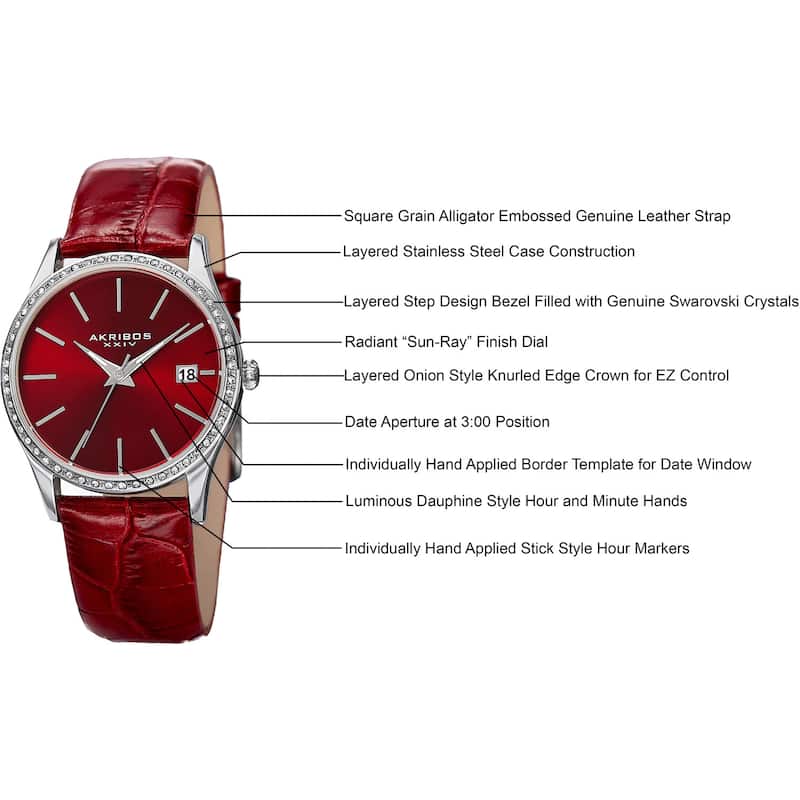Akribos XXIV Women's Quartz Swarovski Crystal Leather Red Bracelet Watch