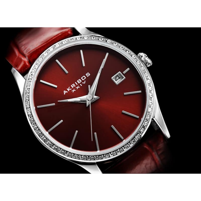 Akribos XXIV Women's Quartz Swarovski Crystal Leather Red Bracelet Watch