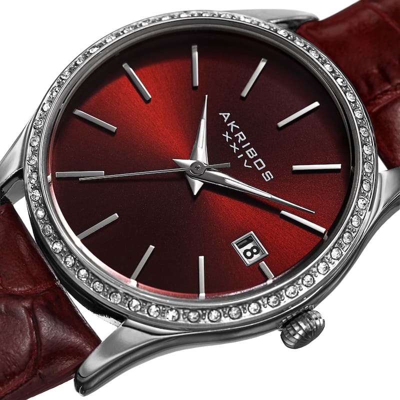 Akribos XXIV Women's Quartz Swarovski Crystal Leather Red Bracelet Watch